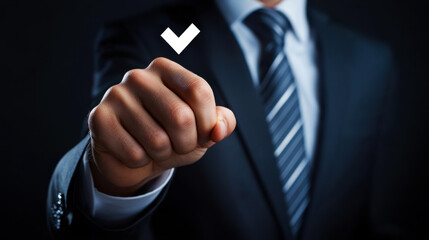 Business professional confirming success through digital interaction in a modern office setting