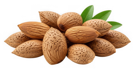 Pile of almonds with green leaves in studio shot