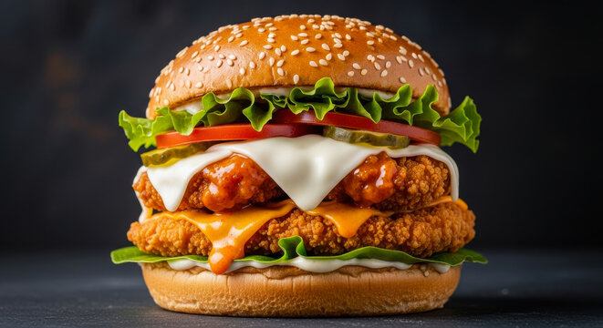 Juicy double chicken burger with melted cheese and fresh lettuce on a sesame seed bun - Powered by Adobe