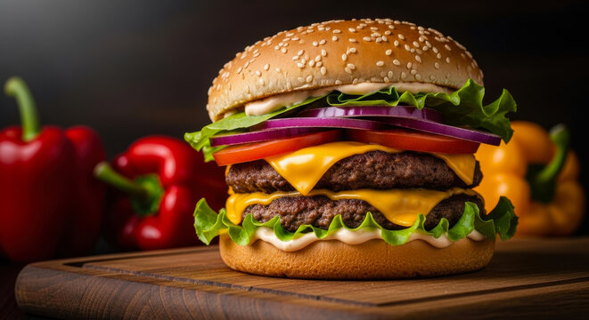 Juicy double cheeseburger with fresh toppings and red bell peppers on a wooden board