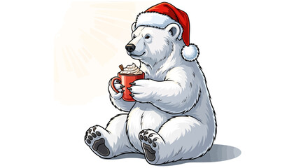 Adorable polar bear wearing Santa hat enjoys a warm cup of cocoa with whipped cream and cinnamon, radiating holiday cheer and cozy winter vibes.