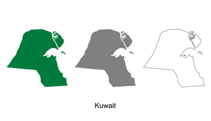 Kuwait map set. Kuwait map vector. Kuwait map on green, gray, and outline