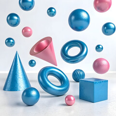 composition of floating geometric primitives, showcasing detailed textures.