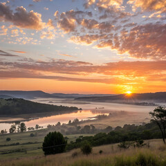 A breathtaking sunrise illuminates a calm landscape with warm golden light.