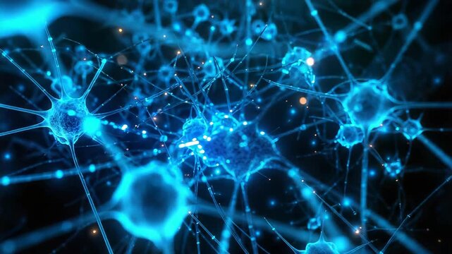 Blue glowing neuron network transmitting information and impulses