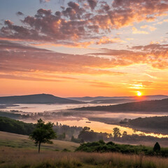 A breathtaking sunrise illuminates a calm landscape with warm golden light.