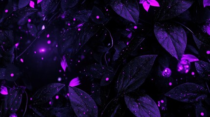 A cluster of purple flowers and leaves with glowing centers.