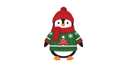 Adorable cartoon penguin sporting festive Christmas sweater, beanie, and scarf, bringing cheerful holiday spirit to winter designs