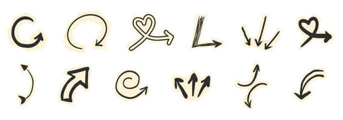 Scrapbook set with paper arrow cutout torn doodle scribble collage elements. Y2k swirl, up and down, right and left arrow collection.