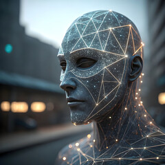 An abstract digital human face composed of data points and lines.