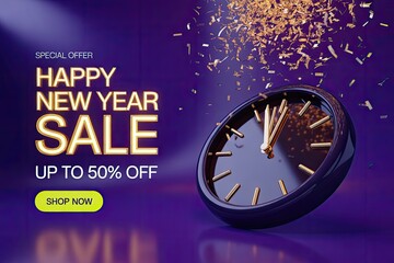 New Year Sale 2026 Modern Purple and Gold Clock Countdown Holiday Discount Promotional Banner