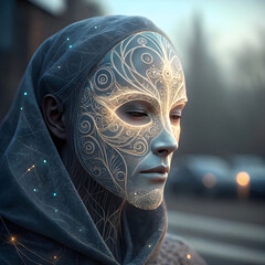 An abstract digital human face composed of data points and lines.