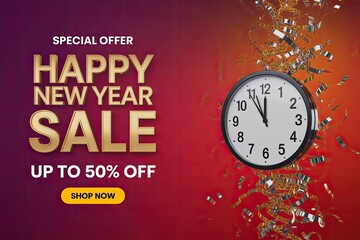 Happy New Year Sale 2026 Red and Gold Clock Countdown Discount Banner for Holiday Shopping