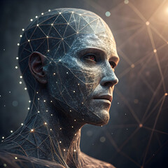 An abstract digital human face composed of data points and lines.