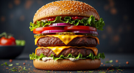 Juicy double cheeseburger stacked high with fresh lettuce tomato and red onion on a sesame seed bun