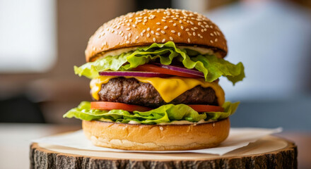 Juicy double cheeseburger with fresh lettuce and red onion on a sesame seed bun