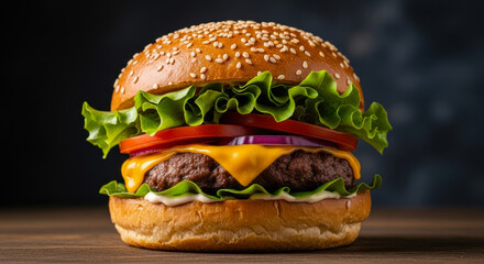 Delicious gourmet cheeseburger with fresh lettuce tomato and onion on a sesame seed bun