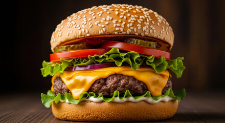 Juicy gourmet cheeseburger with fresh lettuce tomato and onion on a sesame seed bun