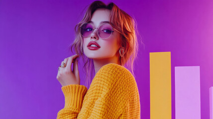 Stylish young woman poses against a vibrant purple background while wearing trendy glasses and a cozy yellow sweater