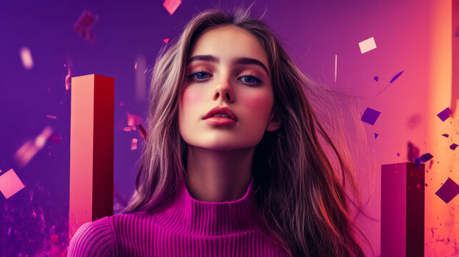 Stylish young woman poses against a vibrant purple background while wearing trendy glasses and a cozy yellow sweater - Powered by Adobe