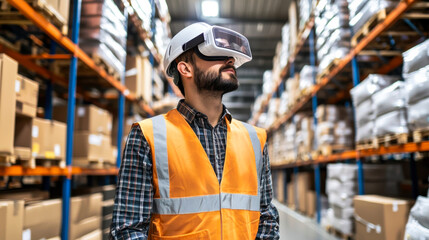 Worker uses virtual reality to enhance productivity in a warehouse environment