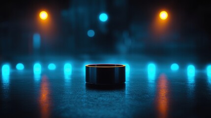 A futuristic black ring with a glowing orange interior sits on a reflective surface, surrounded by blue and orange lights.