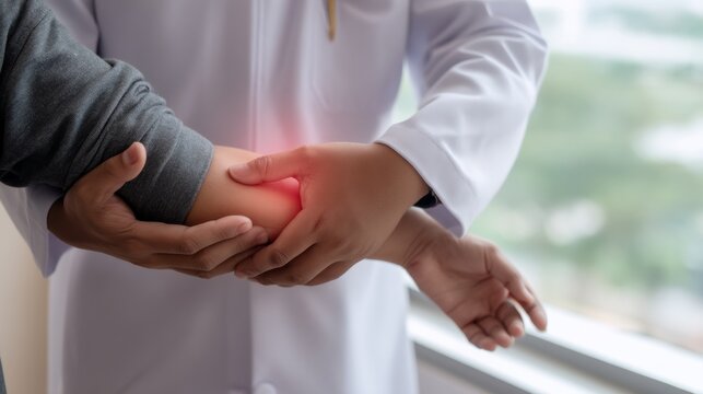 Doctor examining patient's painful elbow, diagnosing arm injury, providing healthcare consultation - Powered by Adobe