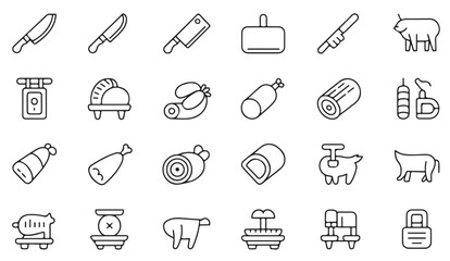 Fototapeta premium Collection of sausage, beef, pork, and butchery tool icons for culinary use