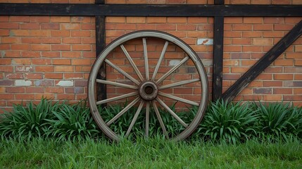Obraz premium Antique wagon wheel against a brick wall with green plants and grass wooden rustic