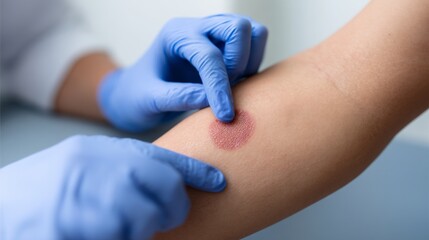 Dermatologist examining patient's arm skin rash, diagnosis of allergy, eczema, or fungal infection in a clinic