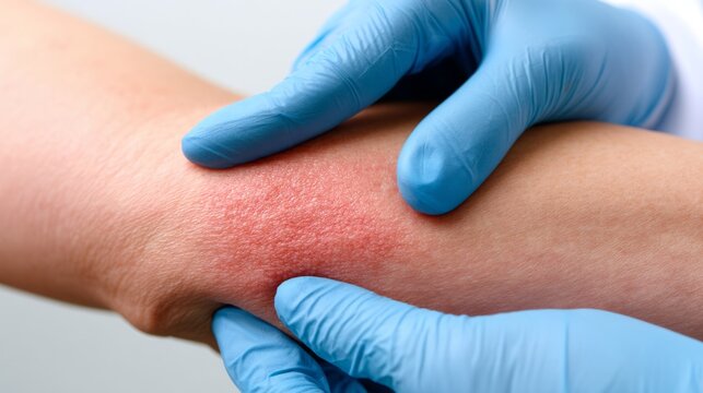 Doctor examining arm with a red skin rash, checking for inflammation, allergy, eczema, or dermatitis - Powered by Adobe