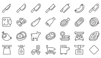 Outline vector icons featuring butcher knives, cuts of meat, and farm animals
