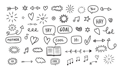 Hand drawn doodles of hearts stars arrows and speech bubbles