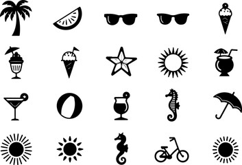 Fototapeta premium Summer Travel & Lifestyle Silhouette Icon Set – Beach, Sun & Fun Symbols