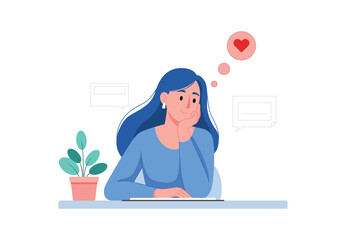 A young woman is sitting at a desk and thinking about love, vector illustration