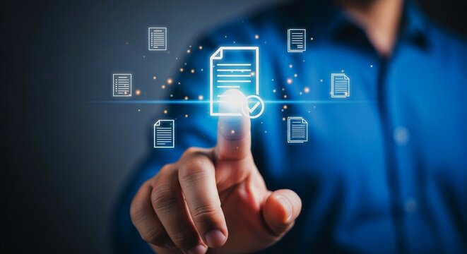 Businessman's hand touching a glowing digital document icon on a virtual interface for paperless office management. - Powered by Adobe