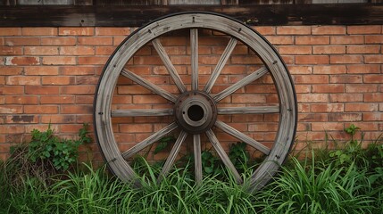 Obraz premium Close-up of a weathered wooden wagon wheel against a brick wall and grass rustic vintage