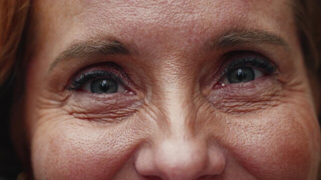 Extreme close-up of middle-aged woman smiling softly with expressive eyes and visible laugh lines conveying warmth and optimism, natural light emphasizing authenticity
