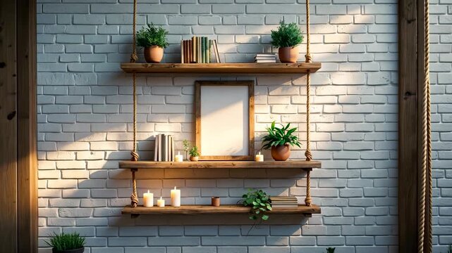 Minimal interior wall with wooden shelves holding books, plants, and decorative objects