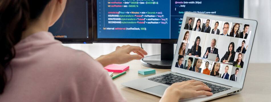 Business people on video conference for brisk virtual group meeting of corprate business office workers - Powered by Adobe