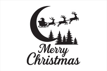 Silhouette of santa and reindeer flying across a crescent moon christmas greeting © Sreenandokumar