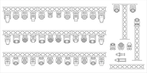 Black-and-white technical drawing of stage truss structures with multiple moving heads, spotlights and LED fixtures. Detailed top-view layout for stage lighting design and professional rigging setups.