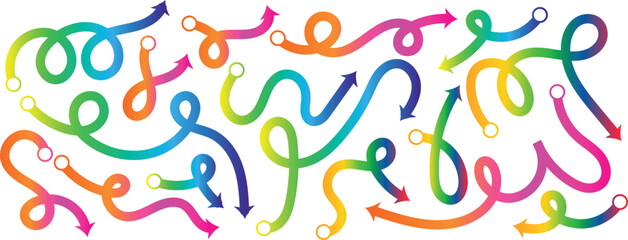 Colorful gradient arrows and swirls in chaotic arrangement, Vibrant abstract shapes and arrow design