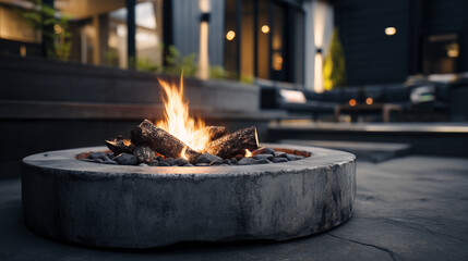 Outdoor concrete fire pit with burning logs and flames in a modern backyard setting at night