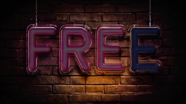 Neon sign spelling "FREE" hangs from chains against a brick wall. The E glows brightly