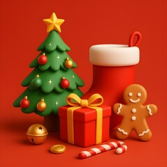 “3D Christmas Tree with Festive Decorations, Gift Box, Stocking and Gingerbread Cookie – Cute Holiday Illustration Background”