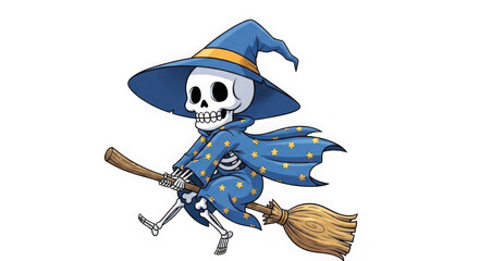 Cartoon skeleton wizard flying on broom