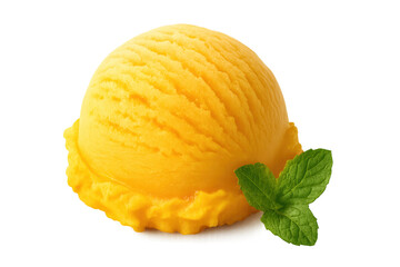 Mango ice cream scoop with mint leaves on transparent background