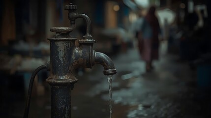 Rusty Water Pump with Flowing Water and Blurred Figure in Background dripping