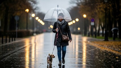 Woman and Dog Walking Under Umbrella on Rainy Street.